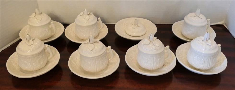 7 Italian White Porcelain Pots De Crème with Lid and Underplates and 1 Additional Sauver and Lid - Marked Italy - Each Measures 3 tall with Lid 