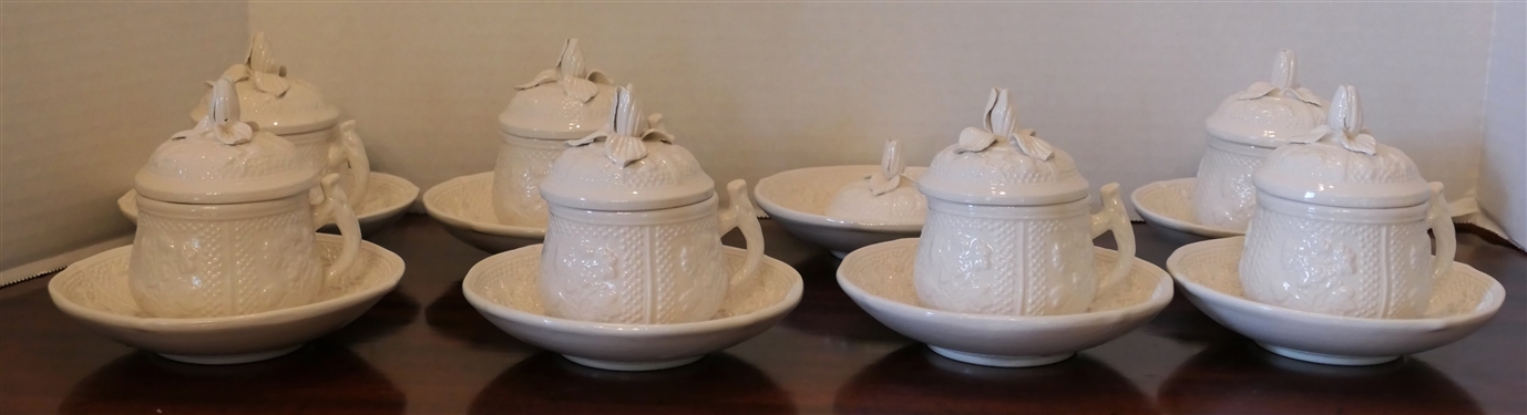 7 Italian White Porcelain Pots De Crème with Lid and Underplates and 1 Additional Sauver and Lid - Marked Italy - Each Measures 3 tall with Lid 