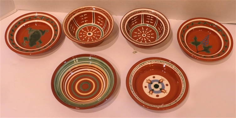 6 Pieces of Slip Decorated Redware Pottery by Pugh - New Salem North Carolina - Frog Bowl Measures 5 1/2 Across