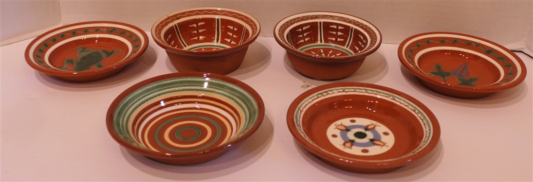 6 Pieces of Slip Decorated Redware Pottery by Pugh - New Salem North Carolina - Frog Bowl Measures 5 1/2 Across