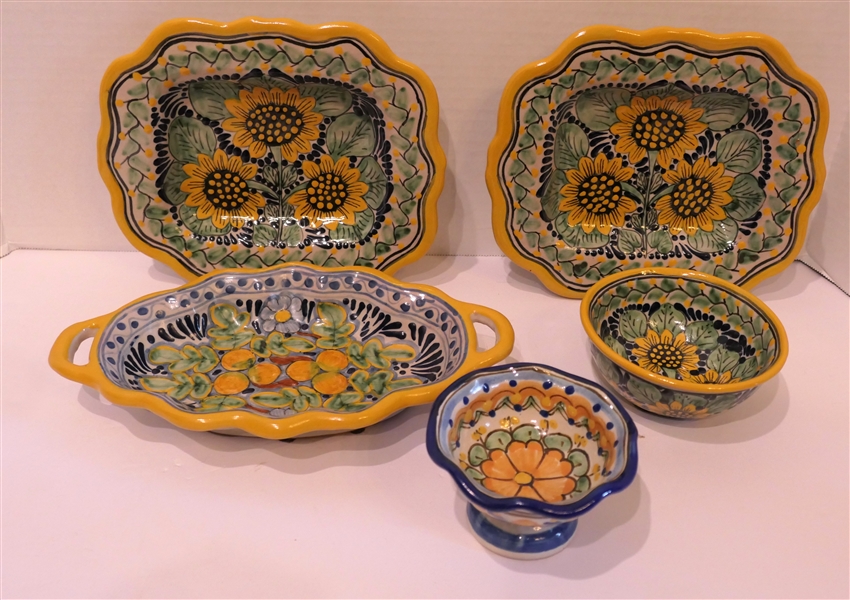 5 Pieces of Beautiful Hand Painted Mexican Dishware - H Dez Rectangular Plates, Oval Bowl, and Round Bowl with Yellow Flowers - Footed Bowl by Talauero - Rectangular Plates Measure 9" by 8" 