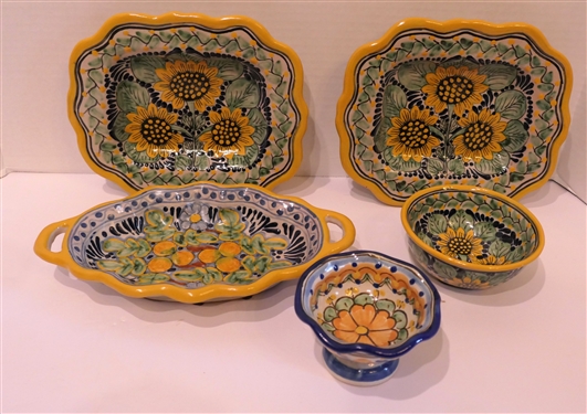 5 Pieces of Beautiful Hand Painted Mexican Dishware - H Dez Rectangular Plates, Oval Bowl, and Round Bowl with Yellow Flowers - Footed Bowl by Talauero - Rectangular Plates Measure 9 by 8 