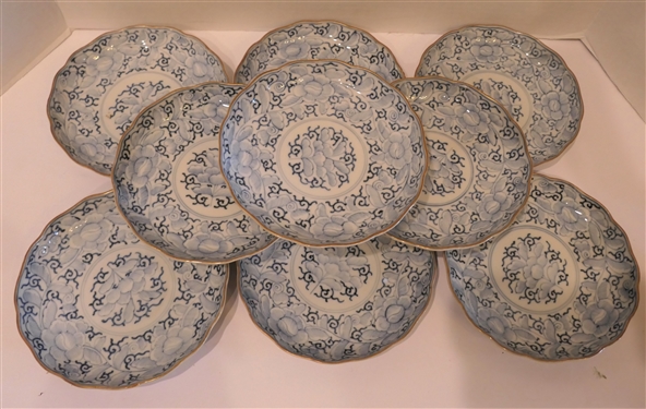 9 - Japanese Blue and White Porcelain Scalloped Edge Dishes - Marked on Bottom - Each Low Bowl Measures 1 Deep 7 1/2 across - 1 Has Smal Chip 