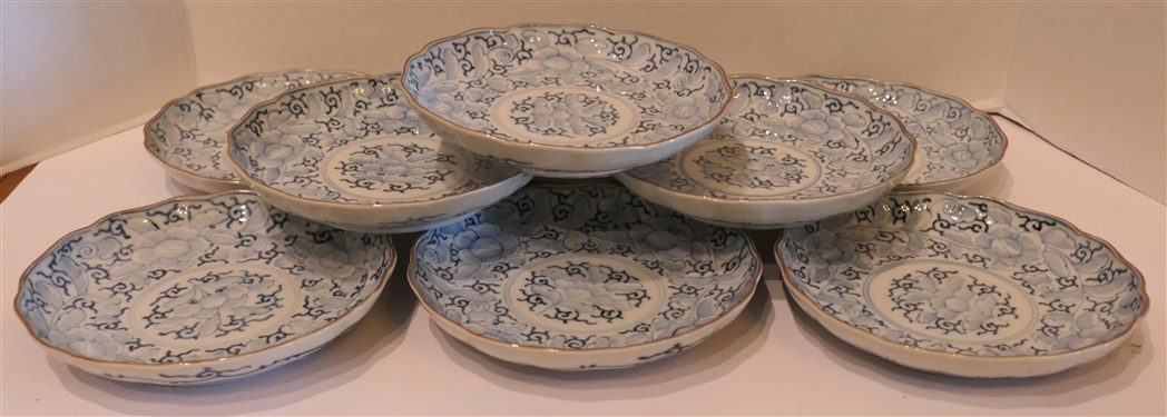 9 - Japanese Blue and White Porcelain Scalloped Edge Dishes - Marked on Bottom - Each Low Bowl Measures 1 Deep 7 1/2 across - 1 Has Smal Chip 