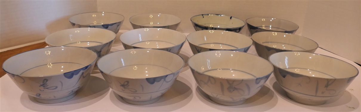 12 - Chinese Blue and White Porcelain Bowls - 11 With Light Blue Decoration - Some with Original Stickers - 1 With Dark Blue Decoration - Chinese Characters on Bottom -Bowls Measure 2 1/2 tall 5...