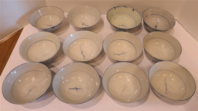 12 - Chinese Blue and White Porcelain Bowls - 11 With Light Blue Decoration - Some with Original Stickers - 1 With Dark Blue Decoration - Chinese Characters on Bottom -Bowls Measure 2 1/2 tall 5...