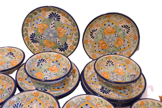 14 Pieces of Hand Painted Mexican Pottery Dinnerware - 7 Plates and 7 Bowls - Marked Talavera Armando Pue Mex - Plates Measure 10 1/4 Bowls Measure 7 1/8 