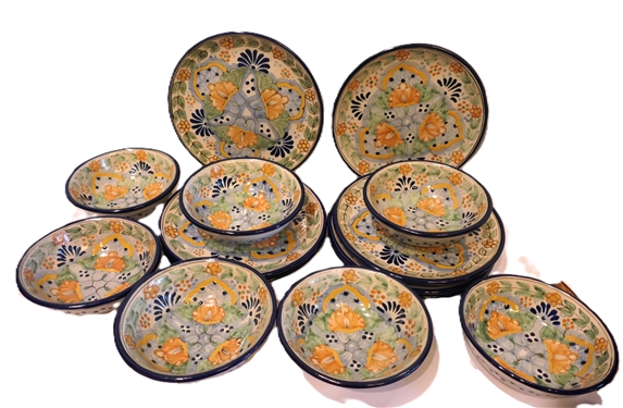 14 Pieces of Hand Painted Mexican Pottery Dinnerware - 7 Plates and 7 Bowls - Marked Talavera Armando Pue Mex - Plates Measure 10 1/4 Bowls Measure 7 1/8 