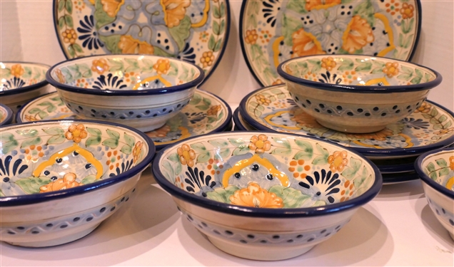 14 Pieces of Hand Painted Mexican Pottery Dinnerware - 7 Plates and 7 Bowls - Marked Talavera Armando Pue Mex - Plates Measure 10 1/4 Bowls Measure 7 1/8 