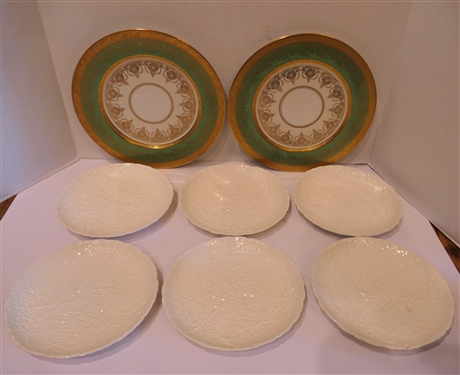 6 - Erphila Art Pottery White Cabbage Leaf Salad Plates and 2 Heinrich & Co. Bavaria Germany Green and Gold Plates - Salad Plates Measure 8 Across 