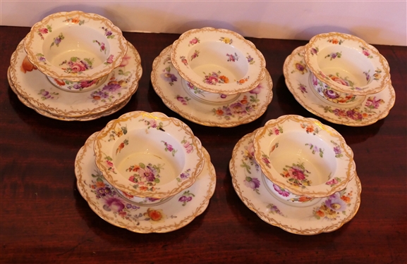5 Dresden Flowers Ramekins with Saucers and 1 Extra Saucer - 1 Ramekin Has Chip 
