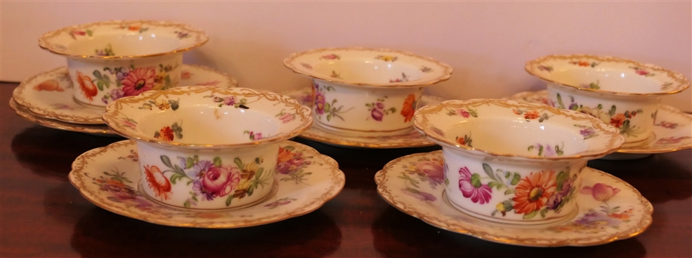 5 Dresden Flowers Ramekins with Saucers and 1 Extra Saucer - 1 Ramekin Has Chip 