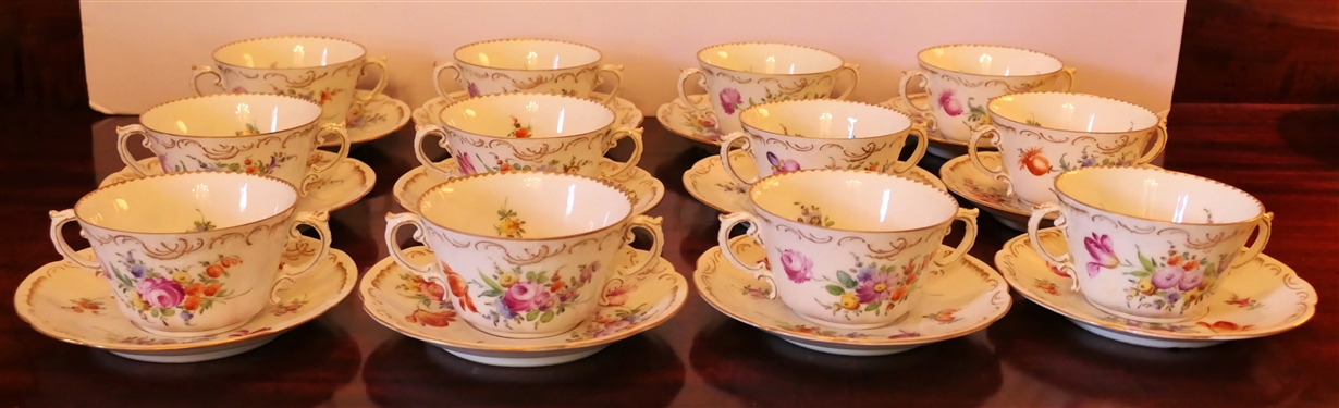 12 Royal Austria Dresden Flowers Cream Soup Bowls with Saucers 