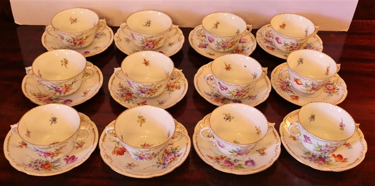 12 Royal Austria Dresden Flowers Cream Soup Bowls with Saucers 