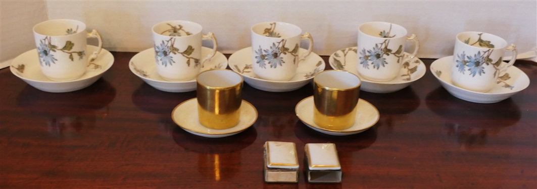 China Lot including 10 Haviland Limoges Demitasse Cup and Saucer Sets with Blue Flowers, Porcelain Match Book Holders, and White and Gold Shot glass and Saucer Sets - 1 Gold and White Saucer is...