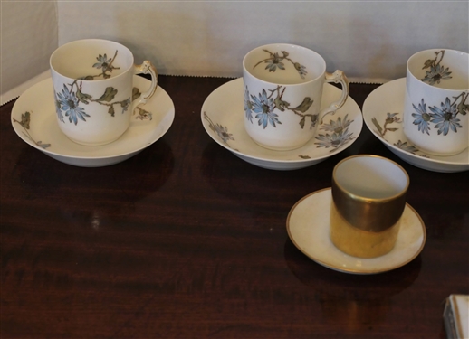 China Lot including 10 Haviland Limoges Demitasse Cup and Saucer Sets with Blue Flowers, Porcelain Match Book Holders, and White and Gold Shot glass and Saucer Sets - 1 Gold and White Saucer is...