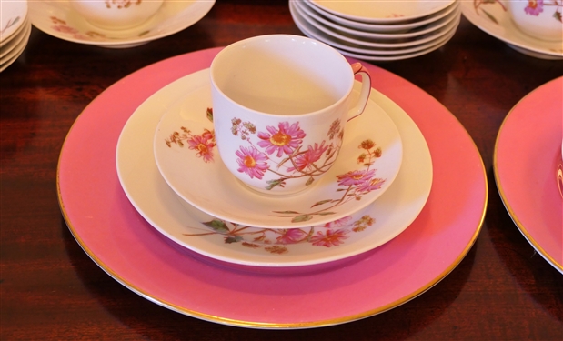 Pretty Pink Floral China Set  - 7 Aynsley England Pink Dinner Plates with Gold Trim and 44 Pieces of French Pink Floral China - Cup, Saucer, and Dessert Plate Sets, Handled Plate, and Berry Bowls -...