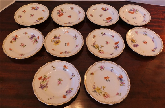 10 - Germany 6 1/2 Floral Plates with S and Crown Mark - Floral with Delicate Gold Trim 