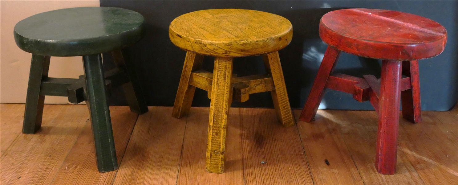Modern Red, Yellow, and Green Painted Milking Stools - Each Stool Measures 8 3/4" tall 8 1/2" Across