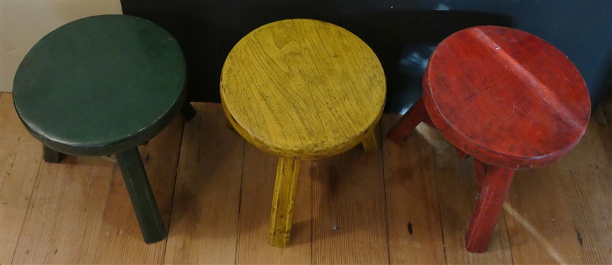 Modern Red, Yellow, and Green Painted Milking Stools - Each Stool Measures 8 3/4 tall 8 1/2 Across