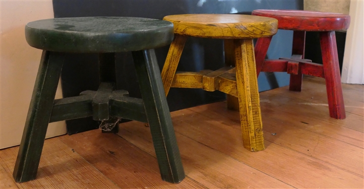 Modern Red, Yellow, and Green Painted Milking Stools - Each Stool Measures 8 3/4 tall 8 1/2 Across