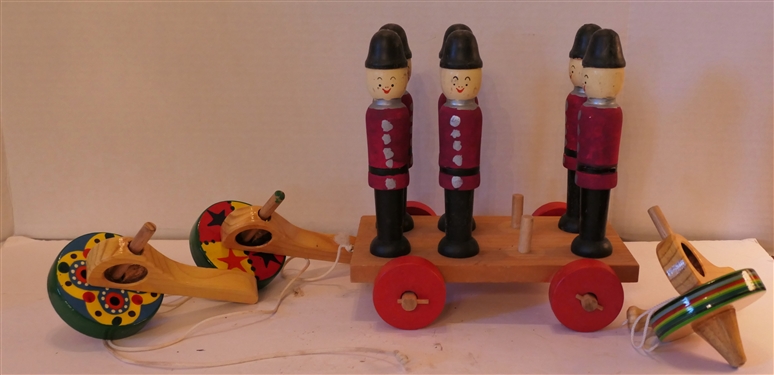 Hand Painted Wooden Soldiers on Wood Wagon and 3 Hand Painted Wooden Spin Tops  - Soldiers Measure 7 1/2 tall Wagon Measures 5 by 9 