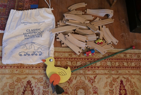 Lakeshore Learning Classic Hardwood Magnetic Train Set - Train Track, Engine, and Car - in Bag - and Wooden Duck Walker with Flapping Feet 