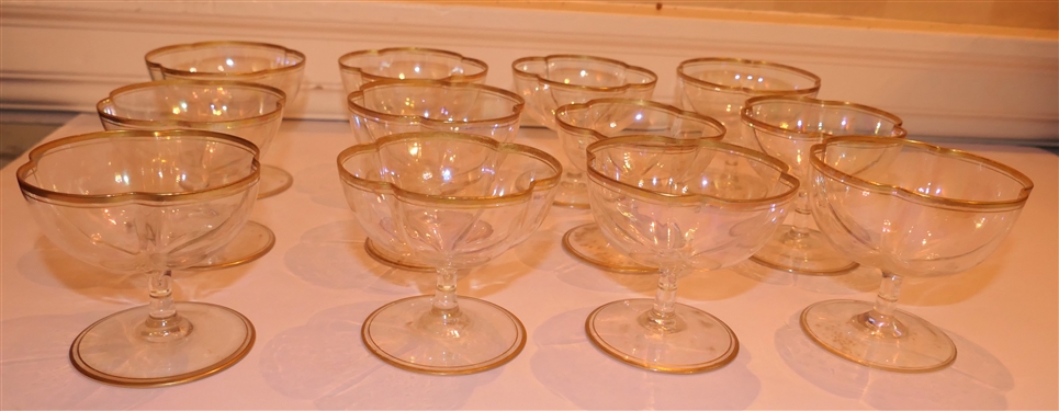 12 Delicate Gold Rimmed Sherbets - Clover Shaped - Iridescent - Each Measures 3 1/4 Tall 3 1/2 Across