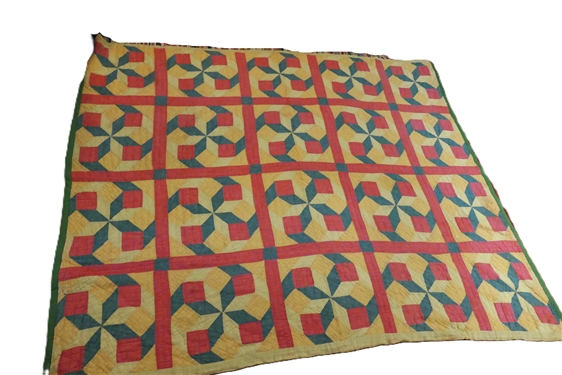 Pink Green and Yellow Hand Pieced and Quilted Quilt - Measures 76 by 61 - Some Overall Wear