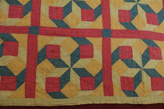 Pink Green and Yellow Hand Pieced and Quilted Quilt - Measures 76 by 61 - Some Overall Wear
