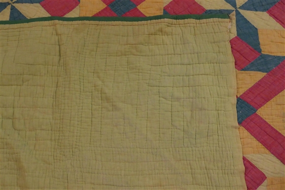 Pink Green and Yellow Hand Pieced and Quilted Quilt - Measures 76 by 61 - Some Overall Wear