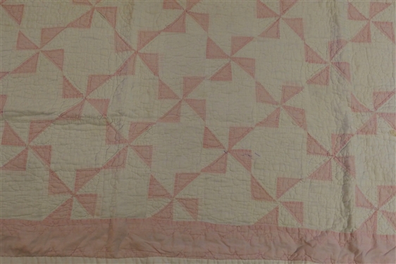 Pastel Pink and White Pin Wheel Pattern Quilt - Hand Quilted - Very Thin - Quilt Measures 70 1/2 By 54 