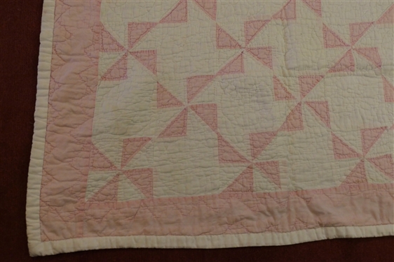 Pastel Pink and White Pin Wheel Pattern Quilt - Hand Quilted - Very Thin - Quilt Measures 70 1/2 By 54 
