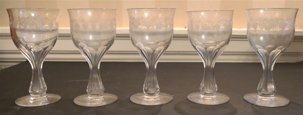 5 Hollow Stem Wine Glasses with Etched Grapes - Paneled Stems - Each Glass Measures 5 1/4 tall 