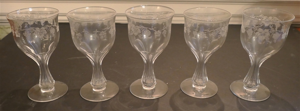 5 Hollow Stem Wine Glasses with Etched Grapes - Paneled Stems - Each Glass Measures 5 1/4 tall 