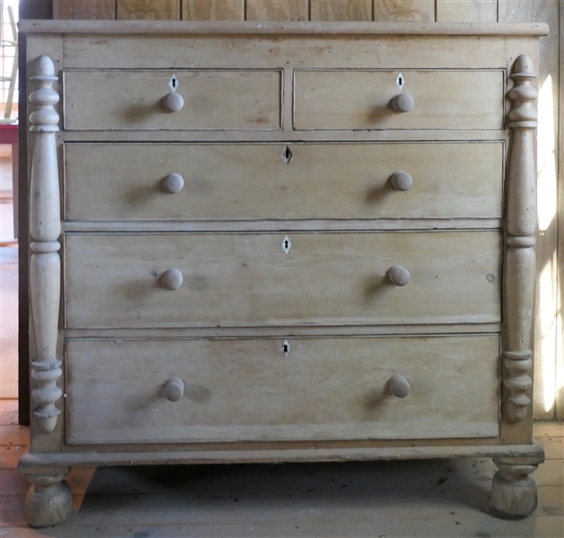 Bare Pine Chest - 2 Over 3 Dovetailed Drawers with Ivory Inlaid Key Holes - Beaded Drawer Fronts - Chest Measures 48 1/2" tall 50 1/2" by 22 1/2" - Missing One Ivory Diamond