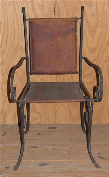 Blacksmith Shop Made Chair with Leather Seat and Back- Asheville NC Artisan Made - Chair Measures 36" tall 20 1/2" by 15" 