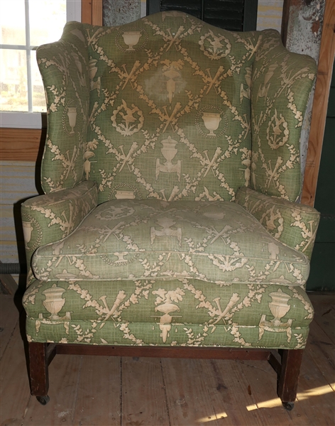 Oversized Wing Back Chair with Green Urn Upholstery - Stretcher Base - Down Cushion - Chair Measures 48" tall 35" wide