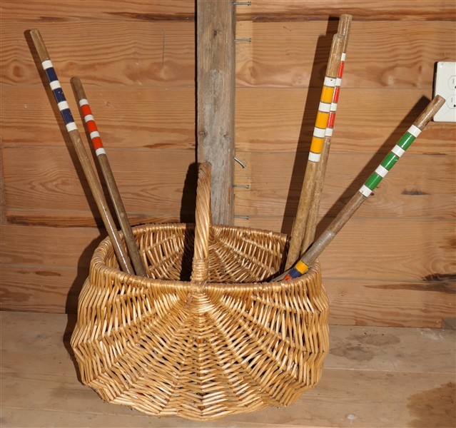 Croquet Set in Wicker Basket - One Mallet is Broken -Basket Measures 10" tall 16" By 12 1/2" 