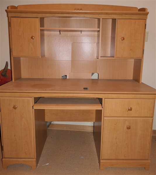 Computer Desk Hutch - Light Wood Finish - Pull Out Key Board Drawer and Printer Tray with File Drawer - Open Cabinet on Bottom Left - Desk Measures 63" tall 57 1/2" by 24 1/2" 