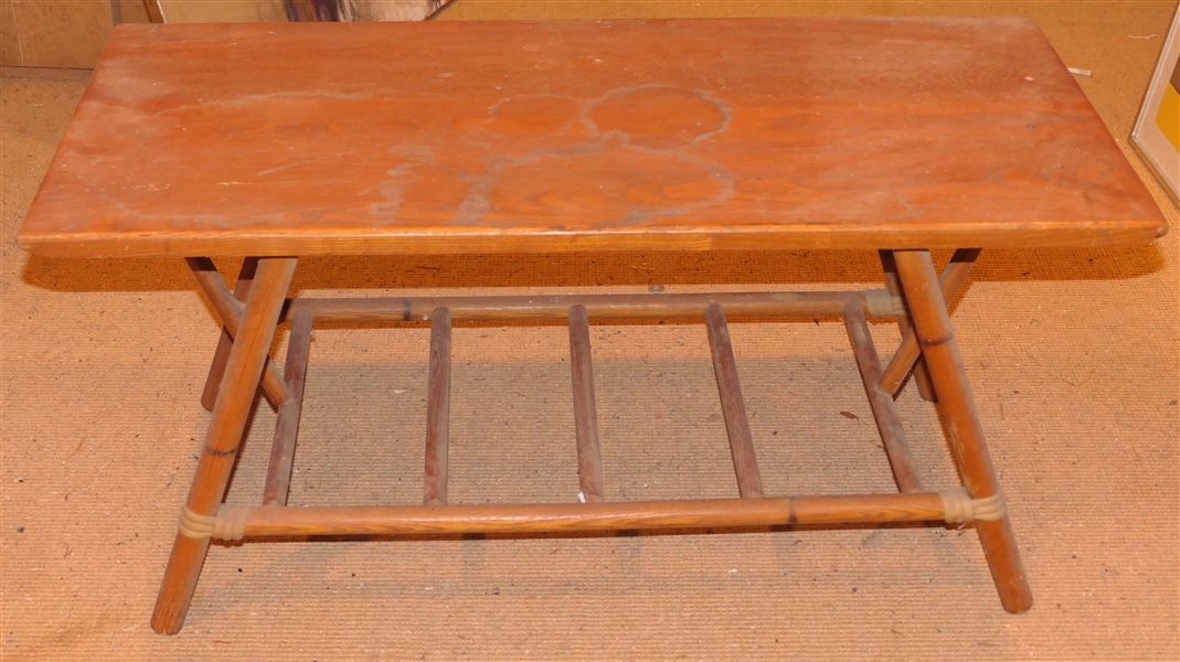 Haywood Wakefield Coffee Table - Oak Top -Rattan Wrapped Legs - Table Measures 16" tall 35" by 18" 