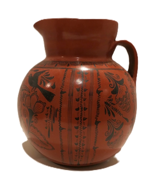 Large Mexican Redware Pitcher with Birds and Flowers - Pitcher Measures 11 1/2" tall 8"Across