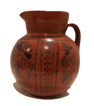 Large Mexican Redware Pitcher with Birds and Flowers - Pitcher Measures 11 1/2 tall 8Across