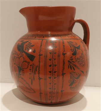 Large Mexican Redware Pitcher with Birds and Flowers - Pitcher Measures 11 1/2 tall 8Across