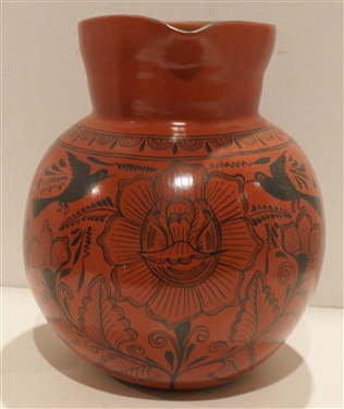 Large Mexican Redware Pitcher with Birds and Flowers - Pitcher Measures 11 1/2 tall 8Across