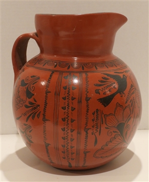 Large Mexican Redware Pitcher with Birds and Flowers - Pitcher Measures 11 1/2 tall 8Across