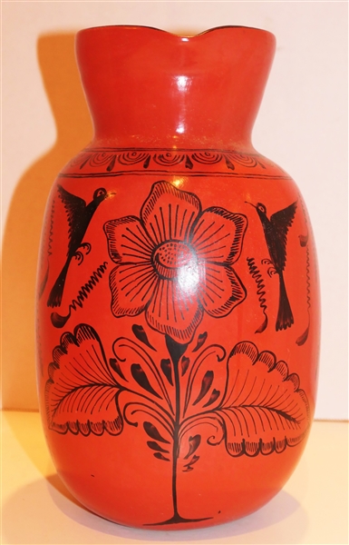 Mexican Redware Pitcher with Birds and Flowers - Pitcher Measures 10" tall 5" across