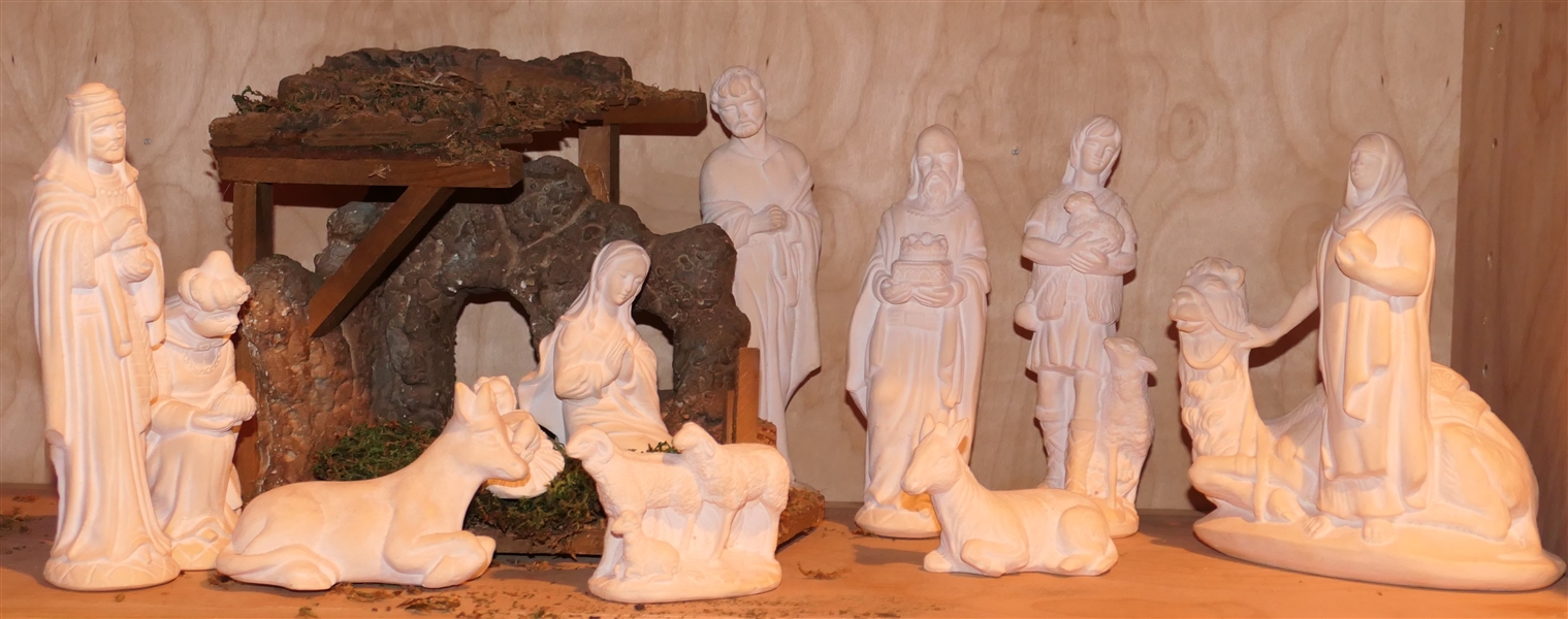 White Glazed Ceramic Nativity Set -  11 Pieces Plus Wood Manger