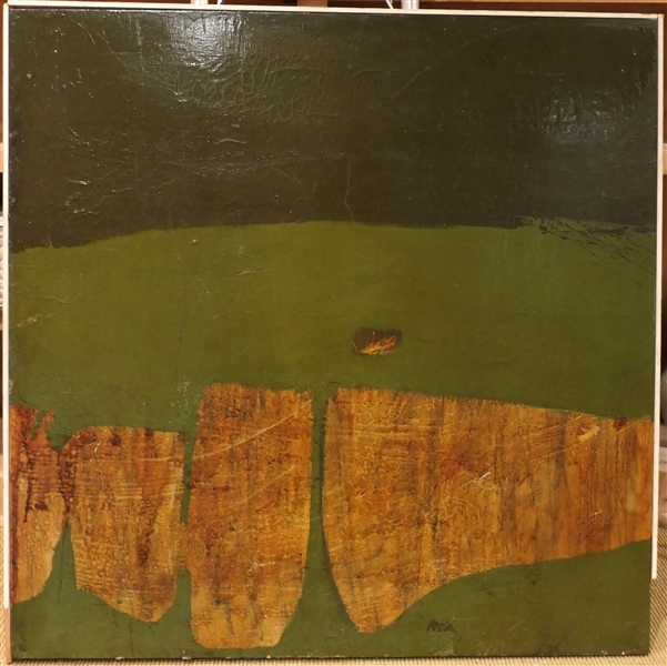 Large Bruce Park Oil on Canvas Painting From the 1960s - Exhibition Label on Back -Olive Greens, Tan, and Black -  Gallery Framed -Canvas Measures 40" by 40" - Frame Missing Bottom Piece