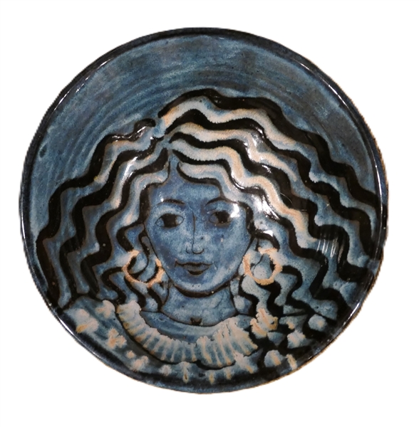 Redman North Carolina Studio Art Pottery Bowl with Portrait of Lady with Hoop Earrings - Bowl Measures 2 1/2" tall 10" Across